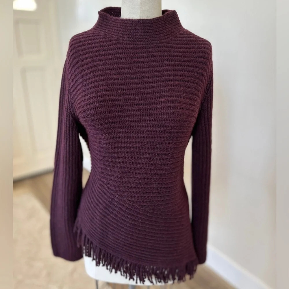 Marc Cain (German Brand) Sweater with Fringe in Deep Plum - NWT - Size Large